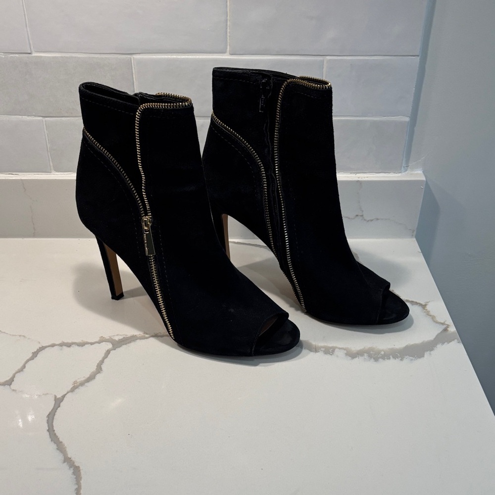 Vince Camuto Black Suede Peep-Toe Ankle Boots with Gold Zipper